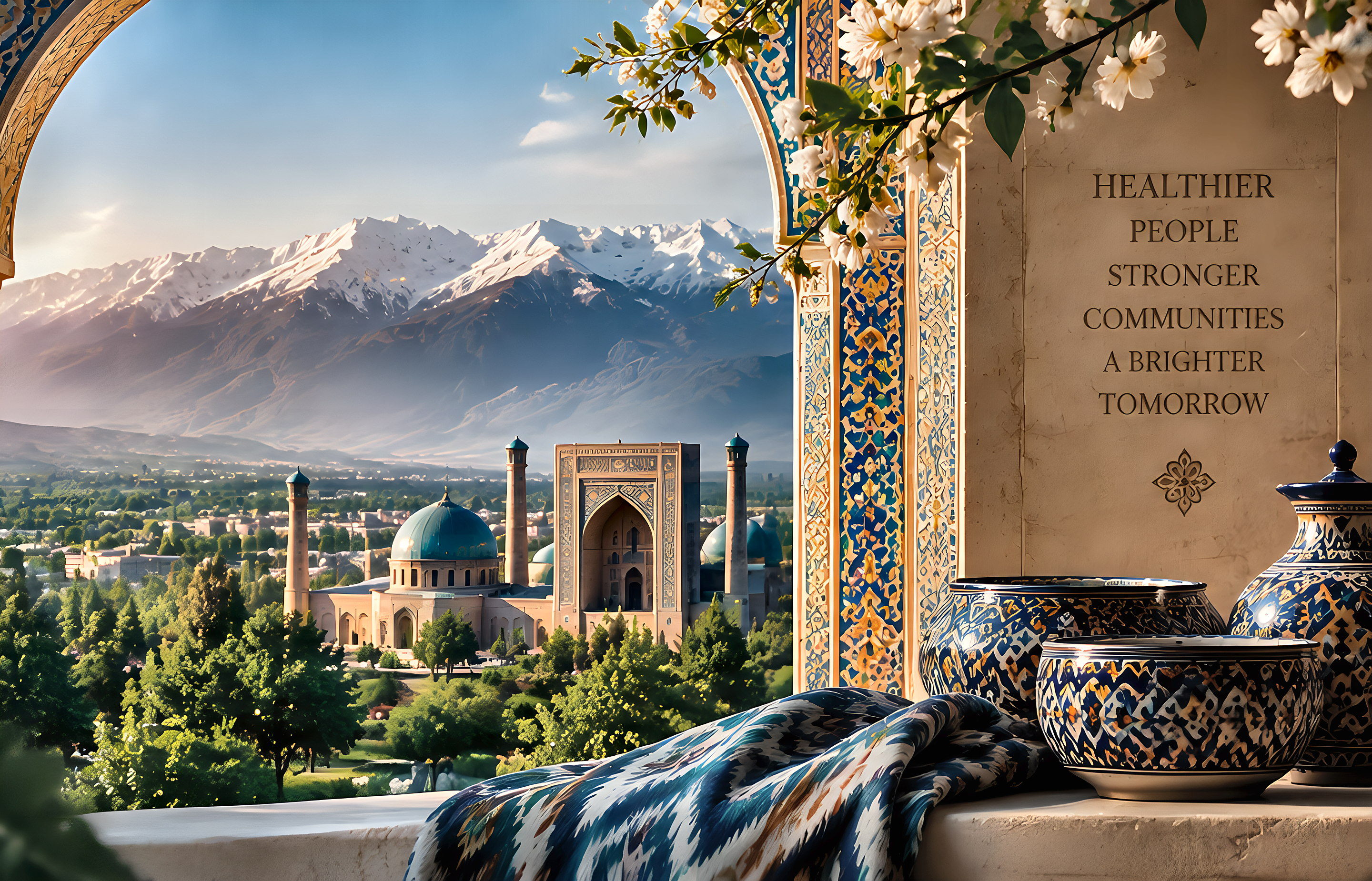 The Fergana valley seen through a tiled archway