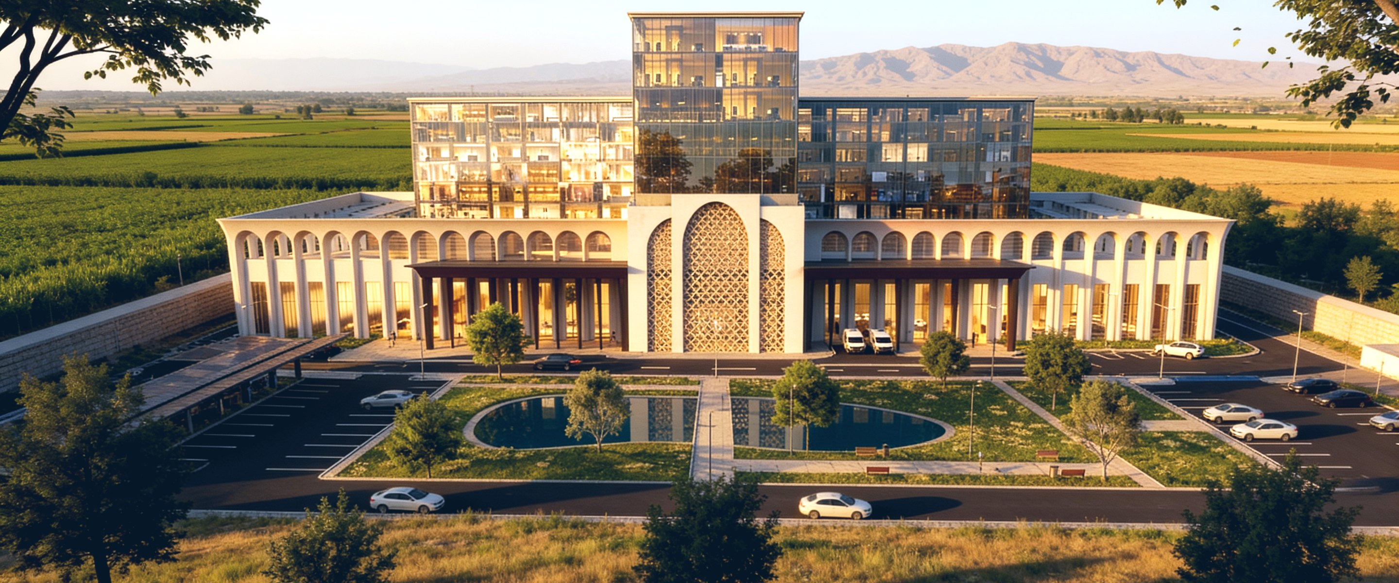 Fergana International Hospital set in the farmland of the Fergana valley