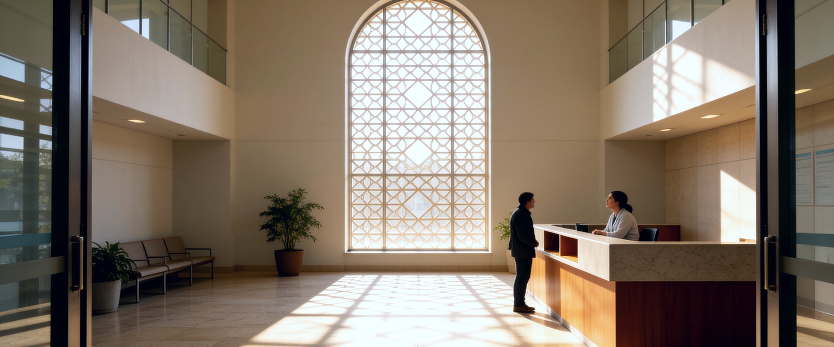 The hospital reception, where a visitor is assisted at the front desk