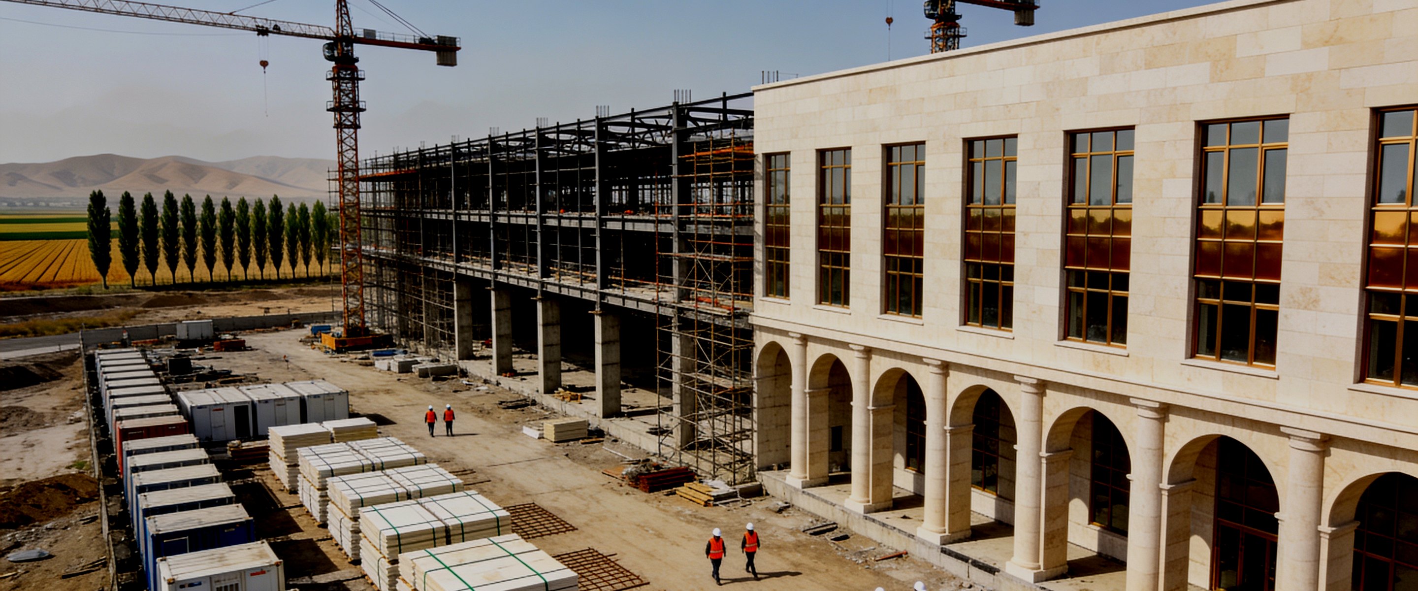 The hospital under construction — completed stone facade alongside the structural frame, with tower cranes and a site laydown yard