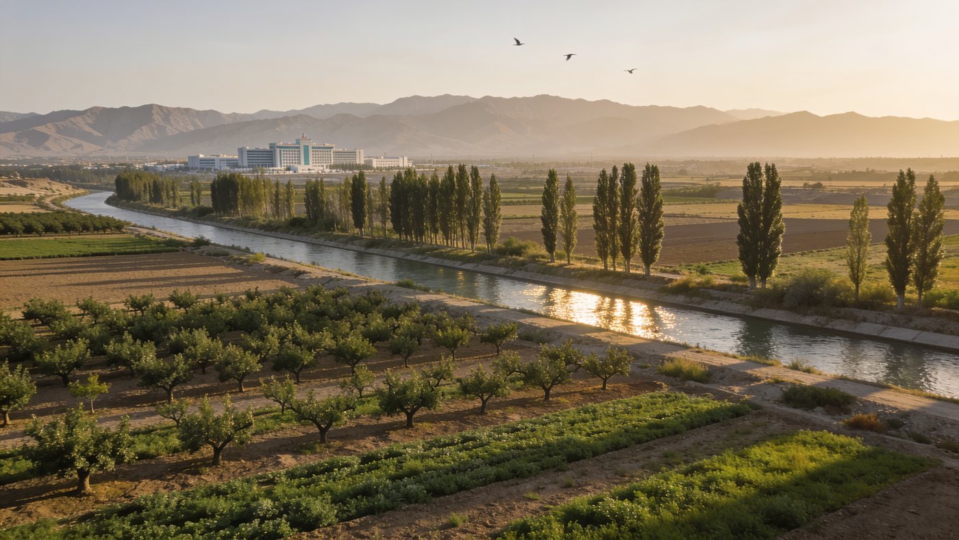 Illustrative view of the Fergana valley — irrigation canal, orchards and fields — with the hospital on the horizon
