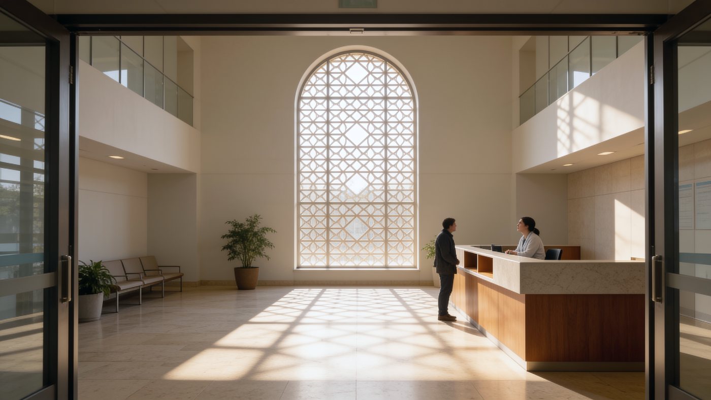 Illustrative view of the hospital reception, where a visitor is assisted at the front desk