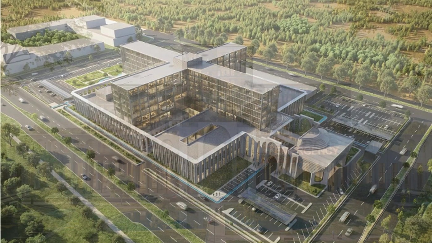 The completed hospital and its grounds from the air